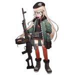  1girl bags_under_eyes bangs beret black-framed_eyewear black_dress black_footwear black_headwear black_neckwear boots box_magazine bubble_blowing bullet chewing_gum collared_shirt dress english_text eyebrows_visible_through_hair fingernails full_body fur-trimmed_boots fur-trimmed_jacket fur_trim girls_frontline glasses green_jacket gun hair_ornament hairclip hand_in_pocket hat heavy_machine_gun holding holding_gun holding_weapon jacket jong_tu light_brown_hair long_hair long_sleeves looking_to_the_side machine_gun necktie object_namesake official_art open_clothes open_jacket red_eyes red_legwear round_eyewear shirt short_dress sidelocks skull_print solo standing thighhighs transparent_background type_80 type_80_(girls_frontline) very_long_hair watermark weapon web_address 