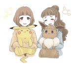  2girls 2others absurdres blush brown_eyes brown_hair closed_eyes eevee eyebrows_visible_through_hair highres idolmaster itou_(yit0999) kamiya_nao kitami_yuzu long_hair multiple_girls multiple_others object_hug pikachu pokemon short_hair simple_background sleeves_past_wrists 