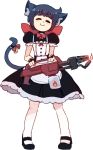  1girl 2020 animal_ears bell black_clothes black_dress black_footwear black_hair black_tail bow cat_ears cat_girl cat_tail closed_eyes closed_mouth constanze_amalie_von_braunschbank-albrechtsberger dress fire flamethrower holding holding_flamethrower holding_weapon kemonomimi_mode little_witch_academia maid pantyhose red_bow rtil shoes short_hair smile solo tail tail_bell tail_bow weapon white_background white_legwear 