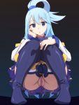  1girl :o aqua_(konosuba) ass bangs blue_eyes blue_hair blue_legwear blush boots breasts censored commentary_request hair_between_eyes highres kono_subarashii_sekai_ni_shukufuku_wo! long_hair looking_at_viewer mosaic_censoring no_panties open_mouth pussy revision sidelocks solo squatting tedain thigh_boots thighhighs 