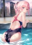  1girl ass back bangs blush cityscape closed_mouth competition_swimsuit cowboy_shot eyebrows_visible_through_hair girls_frontline hair_between_eyes hair_ornament highleg highleg_swimsuit highres indoors long_hair looking_at_viewer mod3_(girls_frontline) one-piece_swimsuit pink_hair ponytail pool purple_eyes shirosaba sidelocks solo st_ar-15_(girls_frontline) swimsuit wading wet 