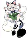  1girl animal_ears black_footwear black_neckwear blue_eyes blush bow bowtie cat_ears cat_tail claw_pose fake_animal_ears full_body green_skirt green_vest konpaku_youmu konpaku_youmu_(ghost) liricolilium medium_hair miniskirt open_mouth puffy_short_sleeves puffy_sleeves shoes short_sleeves simple_background skirt skirt_set socks solo tail touhou vest white_background white_hair white_legwear wrist_cuffs 