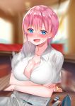  1girl :d afterimage bangs bar beige_cardigan blue_eyes blurry blurry_background blush book breast_hold breasts bursting_breasts button_gap buttons cardigan_around_waist ceiling chair cleavage collarbone collared_shirt crossed_arms ear_blush eraser eyebrows_visible_through_hair floor go-toubun_no_hanayome hair_between_eyes highres indoors lamp large_breasts lavender_hair looking_at_viewer motion_blur motion_lines nakano_ichika nose_blush open_book open_mouth paper pen pencil_case piyopoyo popped_button restaurant ruler shadow shirt short_hair short_sleeves sidelocks smile solo stool sweatdrop table textbook twitter_username upper_body white_shirt window wooden_table zipper 