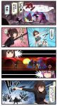  3girls bare_shoulders black_hair boots brown_eyes brown_hair brown_hakama camouflage dazzle_paint detached_sleeves hair_ornament hair_ribbon hairband hairclip hakama haruna_(kantai_collection) headgear highres ido_(teketeke) ise_(kantai_collection) japanese_clothes kantai_collection kirby_(series) kirby_super_star long_hair maya_(kantai_collection) multiple_girls nontraditional_miko o_o parody ponytail remodel_(kantai_collection) ribbon ribbon-trimmed_sleeves ribbon_trim short_hair skin_tight skirt sweat sweatdrop thigh_boots thighhighs throwing translated undershirt weapon 