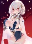  1girl absurdres artist_name azur_lane between_breasts black_dress blush braid breast_curtains breasts cherry_blossoms cleavage covered_navel cowboy_shot dress flower french_braid garter_straps gloves gradient gradient_background grandialee hair_between_eyes hair_flower hair_ornament highres large_breasts looking_at_viewer pelvic_curtain petals pink_eyes short_hair side_braid sirius_(azur_lane) sirius_(azure_horizons)_(azur_lane) solo thighhighs triangle_mouth white_gloves white_hair white_legwear 