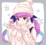  1girl bangs beanie blue_hair blush closed_mouth hair_ribbon hat highres hololive long_hair looking_at_viewer minato_aqua minikon multicolored_hair pom_pom_(clothes) purple_eyes purple_hair ribbon simple_background sleeves_past_wrists smile snowflakes solo sweater two-tone_hair upper_body virtual_youtuber white_background 