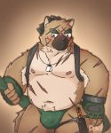 2020 anthro belly blush bulge canid canine canis clothing cute_fangs denext25 domestic_dog hi_res humanoid_hands kemono male mammal moobs nipples overweight overweight_male scar simple_background solo tokyo_afterschool_summoners underwear video_games yasuyori 