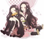  akakura asa_no_ha_(pattern) baguette bamboo bit_gag bread checkered_obi commentary_request fingernails food forehead gag haori japanese_clothes kamado_nezuko kimetsu_no_yaiba kimono mouth_hold pink_eyes pink_ribbon ribbon sharp_fingernails simple_background smile socks 