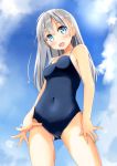 1girl :d alternate_hairstyle ass_visible_through_thighs bangs blue_eyes blue_sky blue_swimsuit blush breasts cloud collarbone covered_navel cowboy_shot day hair_between_eyes hair_down hibiki_(kantai_collection) highres kantai_collection long_hair looking_at_viewer miyuki_(yxbt7) open_mouth outdoors school_swimsuit silver_hair sky small_breasts smile solo standing straight_hair swimsuit 