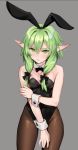  1girl alternate_costume animal_ears bare_arms bare_shoulders black_bow black_leotard black_neckwear blush bow bowtie breasts brown_legwear bunny_ears bunnysuit cowboy_shot detached_collar elf fake_animal_ears frown goblin_slayer! green_eyes green_hair grey_background hair_bow high_elf_archer_(goblin_slayer!) highres leotard long_hair looking_at_viewer pantyhose pointy_ears sidelocks siino simple_background small_breasts solo wrist_cuffs 