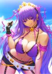  1girl bangs bare_shoulders bb_(fate)_(all) bb_(swimsuit_mooncancer)_(fate) blush breasts cleavage fate/grand_order fate_(series) fujifuji924 hair_ribbon highres large_breasts long_hair looking_at_viewer neck_ribbon purple_eyes purple_hair ribbon solo very_long_hair 