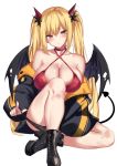  1girl bangs bare_shoulders blonde_hair blush breasts cleavage collarbone demon_girl demon_horns demon_tail demon_wings highres horns large_breasts long_hair looking_at_viewer original red_eyes simple_background sitting solo spider_apple succubus tail white_background wings 