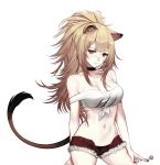 1girl animal_ears arknights arm_behind_back bangs belly black_panties blonde_hair breasts brown_eyes brown_hair candy choker cleavage collarbone commentary cowboy_shot english_commentary expressionless food gradient_hair hair_between_eyes head_tilt highres holding holding_food lion_ears lion_tail lollipop looking_at_viewer medium_breasts messy_hair midriff mmmegh multicolored_hair navel open_pants panties ponytail shirt short_shorts shorts sidelocks siege_(arknights) simple_background solo tail thighs underwear white_background 