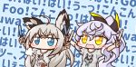  2girls :d =3 ahoge aka_shiba animal_ears azur_lane bamboo_shoot bangs black_ribbon blue_background blue_eyes blue_neckwear blush_stickers clothes_writing commentary_request crossed_bangs eyebrows_visible_through_hair fox_ears fox_tail glowstick grey_shirt hair_ribbon holding_glowstick hololive kawakaze_(azur_lane) lavender_hair long_hair long_ponytail multiple_girls neckerchief open_mouth ribbon shirakami_fubuki shirt short_sleeves sidelocks silver_hair siren_purifier_(azur_lane) smile sparkling_eyes t-shirt tail upper_body white_shirt 