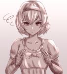  1girl bangs breast_conscious breasts collarbone djeeta_(granblue_fantasy) eyebrows_visible_through_hair gradient gradient_background granblue_fantasy grey_background hands_on_own_chest ribbon shirt short_hair small_breasts solo souji@gaakura-chu squiggle upper_body 