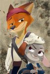  2018 anthro canid canine clothed clothing crossed_arms disney fox fully_clothed fur green_eyes grey_body grey_fur hi_res judy_hopps lagomorph leporid mammal nick_wilde orange_body orange_fur pirate purple_eyes rabbit red_fox simple_background smile takatmadisney zootopia 