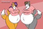  anthro belly big_belly big_breasts breasts canid canine cjshadorunner clothed clothing duo female fox hyper hyper_belly looking_at_viewer mammal shirt smile topwear 