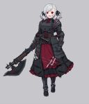  1girl absurdres armor blood blood_on_face crazy_eyes darkest_dungeon full_body girls_frontline grey_background grey_hair gun highres looking_at_viewer namesake open_mouth plate_armor red_eyes shotgun solo spas-12 spas-12_(girls_frontline) terras twintails weapon 