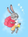  2018 anthro bird&#039;s-eye_view blue_background clothed clothing disney eyes_closed fully_clothed high-angle_view holding_object judy_hopps lagomorph leporid mammal plushie rabbit simple_background sleeping smile solo sound_effects takatmadisney zootopia zzz 