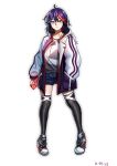  1girl absurdres ahoge baggy_clothes black_legwear blue_eyes blue_shorts casual cellphone chan_(dlgkal123) collarbone commentary_request earbuds earphones expressionless full_body hand_in_pocket highres holding holding_cellphone holding_phone hood hood_down hoodie kill_la_kill looking_at_viewer matoi_ryuuko medium_hair multicolored_hair open_clothes open_hoodie over-kneehighs phone pigeon-toed pumps purple_hair red_hair shorts signature smartphone solo sparkle streaked_hair symbol-shaped_pupils thighhighs white_background 