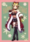  1girl absurdres bare_shoulders bell belt black_gloves boots bow breasts chan_(dlgkal123) christmas collar double_bun eyewear_on_head full_body girls_frontline gloves hair_bow hair_ornament hairclip hat highres huge_filesize leather leather_boots light_brown_hair medium_breasts merry_christmas midriff off_shoulder p90_(girls_frontline) pink_eyes platform_boots sack santa_costume santa_hat short_hair shorts signature solo strapless sunglasses thigh_boots thigh_strap thighhighs tubetop walking yellow-tinted_eyewear zipper_pull_tab 