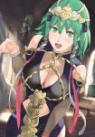  1girl braid breasts byleth_(fire_emblem) byleth_(fire_emblem)_(female) cleavage cleavage_cutout dress fire_emblem fire_emblem:_three_houses green_eyes green_hair highres j@ck large_breasts looking_at_viewer open_mouth purple_dress ribbon shoulder_cutout smile 