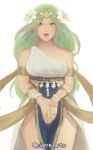  1girl absurdres alternate_costume ciarre closed_mouth crown dress fire_emblem fire_emblem:_three_houses flower green_eyes green_hair hair_flower hair_ornament hands_together highres jewelry long_hair open_eyes own_hands_together rhea_(fire_emblem) simple_background solo thighs tiara 