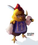  2018 animal_crossing anthro armor avian beak bird black_eyes bottomwear caribun chicken clothed clothing crossover dark_souls english_text feathers fromsoftware galliform gallus_(genus) grey_body grey_feathers headgear helmet hi_res knox_(animal_crossing) looking_at_viewer male melee_weapon multicolored_body multicolored_feathers nintendo pants phasianid portrait serious shirt simple_background solo standing sword text topwear video_games weapon white_background white_body white_feathers yellow_beak 