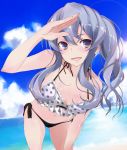  1girl alternate_hairstyle bangs beach bikini black_bikini_bottom blue_hair blue_sky breasts brown_eyes cloud cloudy_sky commentary day dutch_angle eyebrows_visible_through_hair foreshortening frilled_bikini_top gotland_(kantai_collection) horizon kantai_collection leaning_forward lens_flare long_hair looking_at_viewer medium_breasts mismatched_bikini mole mole_under_eye navel ocean open_mouth outdoors polka_dot_bikini_top salute shiny shiny_hair shiny_skin side-tie_bikini side_ponytail sidelocks skindentation sky smile solo standing swimsuit white_bikini_top yumesato_makura 