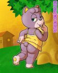  2020 animal_crossing anthro bedroom_eyes butt clothed clothing detailed_background digital_media_(artwork) female flashing looking_at_viewer mammal narrowed_eyes nintendo outside perpleon pinup pose public seductive tongue ursid video_games 