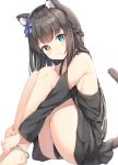  1girl animal_ear_fluff animal_ears anklet bangs bare_legs bare_shoulders barefoot black_dress blue_eyes blush braid breasts brown_hair cat_ears cat_girl cat_tail detached_sleeves dress eyebrows_visible_through_hair french_braid hair_ribbon heterochromia highres jewelry keiran_(ryo170) knees_up long_hair looking_at_viewer original own_hands_together parted_lips purple_ribbon ribbon sideboob simple_background sitting small_breasts solo tail very_long_hair white_background yellow_eyes 