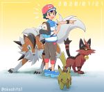  1boy backpack bag baseball_cap black_hair blue_footwear blue_shirt brown_eyes brown_shorts commentary_request dated english_commentary gradient gradient_background group_picture hat looking_at_viewer lycanroc okaohito1 open_mouth orange_background pikachu pointing pointing_forward pokemon pokemon_(anime) pokemon_(creature) pokemon_sm_(anime) rowlet satoshi_(pokemon) shirt shorts spiked_hair striped striped_shirt torracat twitter_username upper_teeth z-ring 