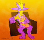  2020 3_toes amped_toxtricity anthro balls big_balls big_penis blush chair digital_media_(artwork) electric_type erection furniture genitals hair hi_res humanoid_penis looking_at_viewer male narrowed_eyes nintendo nude penis pok&eacute;mon pok&eacute;mon_(species) purple_body scalie seductive simple_background sitting smile solo spikes tigertooth toes toxtricity video_games 