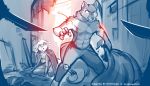  2020 7:4 abs alley ambiguous_gender ambiguous_species angry anthro arrow attack blood blood_from_mouth bodily_fluids brutus_(twokinds) canid canine canis cape clenched_teeth clothed clothing clovis_(twokinds) conditional_dnp duo fox hi_res holding_object holding_weapon hybrid keidran kneeling knife male mammal monochrome muscular muscular_male navel outside sharp_teeth sketch teeth tom_fischbach topless twokinds unseen_character weapon webcomic wolf wounded 