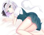  1girl arm_support bare_legs barefoot commentary eyebrows_visible_through_hair finger_to_mouth foot_out_of_frame green_eyes green_skirt green_vest hair_ribbon konpaku_youmu konpaku_youmu_(ghost) lying nibosisuzu on_bed on_side puffy_short_sleeves puffy_sleeves ribbon shiny shiny_hair shirt short_sleeves silver_hair simple_background skirt skirt_set smile solo touhou vest white_background white_shirt 