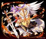  1girl :o apple_caramel black_background boots breasts cleavage company_name covered_navel feathers gauntlets gem gold_trim gradient gradient_background hair_wings high_heel_boots high_heels highres holding holding_shield holding_sword holding_weapon kurokishi_to_shiro_no_maou long_hair magic_circle medium_breasts official_art purple_eyes purple_hair shield sword thighhighs weapon white_legwear wings 