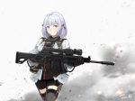  1girl bangs defy_(girls_frontline) girls_frontline gun highres jonathan_h looking_at_viewer military military_uniform purple_eyes rpk-16 rpk-16_(girls_frontline) short_hair shorts silver_hair simple_background smile solo uniform weapon 