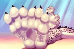  2019 3_toes animated anthro barefoot big_breasts breasts claws digital_media_(artwork) female foot_focus lizard mtfoxx nipples non-mammal_breasts nude reptile scalie sheelahi simple_background soles solo toe_claws toes 