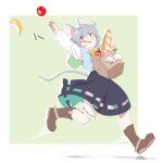  1girl animal_ears apple arm_up bag baguette bakuha banana black_skirt bloomers boots bread brown_footwear capelet cheese drop_shadow dropping food food_in_mouth fruit green_background grey_hair groceries highres holding holding_bag long_sleeves mouse_ears mouse_tail mouth_hold nazrin paper_bag reaching red_eyes running shirt short_hair simple_background skirt solo tail toast toast_in_mouth touhou underwear wafer_stick white_shirt zipper 