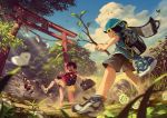  &gt;_&lt; 3boys animal backpack backwards_hat bag bandaid bandaid_on_knee baseball_cap bird black_shorts blue_headwear blue_shirt blurry blurry_foreground branch brown_hair brown_shorts bug butterfly calendar_(object) child cloud commentary_request day depth_of_field hat holding holding_bag holding_branch insect leaf light_rays male_focus motion_blur multiple_boys noeyebrow_(mauve) open_mouth original outdoors pouch randoseru red_shirt rope running shimenawa shirt shoes short_sleeves shorts sneakers summer sweatdrop torii tree wavy_mouth yellow_shirt 