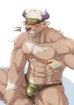  abs blush body_hair bovid bovine bulge camo cattle chest_hair clothing disembodied_hand horn katoributa_a male mammal nipple_pinch nipple_play nipple_stimulation pecs pinch pubes shennong tokyo_afterschool_summoners underwear video_games 