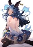  1girl animal_ears arched_back ass back backless_dress backless_outfit bangs biting_hair black_gloves black_legwear black_panties blue_hair blush dress erune eyebrows_visible_through_hair ferry_(granblue_fantasy) floating_hair foreshortening from_behind ghost gloves granblue_fantasy hair_between_eyes hair_intakes hair_ornament hand_on_own_arm highres jewelry long_hair looking_at_viewer looking_back migumigu no_shoes open_mouth panties petticoat shoulder_blades simple_background single_earring sitting sleeveless sleeveless_dress thighhighs tongue underwear wariza white_background x_hair_ornament yellow_eyes 