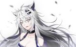  aliasing animal_ears arknights breasts canegouzi choker cleavage fang gray_eyes gray_hair lappland_(arknights) long_hair polychromatic scar white wolfgirl 