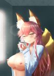  1girl animal_ear_fluff animal_ears artist_request blush breasts breasts_outside coffee coffee_mug collarbone commentary commentary_request cup eyebrows_visible_through_hair fate/extella fate/extra fate/grand_order fate_(series) fox_ears fox_girl fox_tail heart highres large_breasts light_smile looking_at_viewer mug nipples open_clothes open_shirt pink_hair solo tail tamamo_(fate)_(all) tamamo_no_mae_(fate) yellow_eyes 