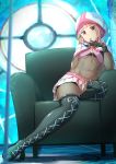  1girl belt blush bodystocking bodysuit boots cardigan_vest cloak highres hood hood_up indoors long_hair looking_at_viewer magia_record:_mahou_shoujo_madoka_magica_gaiden magical_girl mahou_shoujo_madoka_magica navel oshiza pink_belt pink_eyes pink_hair shiny shiny_hair shiny_skin shorts sitting solo tamaki_iroha thigh_boots thighhighs white_cloak 