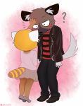  2018 ? aggressive_retsuko ailurid animated anthro blush brown_body brown_fur cheek_tuft clothed clothing comic duo facial_tuft fully_clothed fur haida head_pat head_tuft hyaenid inner_ear_fluff mammal red_panda retsuko sanrio spotted_hyena stiliano tuft yellow_body yellow_fur 