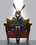  1girl amiya_(arknights) animal_ears anklet arknights armchair bangs black_footwear black_jacket blue_eyes blue_neckwear blue_skirt blush brown_hair brown_legwear bunny_ears chair clothes_writing coat foot_dangle full_body glowing grey_background hair_between_eyes hands_on_own_knees head_tilt highres jacket jewelry kawaguchi_(mojacome) long_sleeves looking_at_viewer open_mouth pouch shoe_dangle shoes simple_background sitting skirt sleeves_past_wrists smile solo 