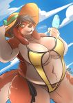  2017 anthro belly big_belly big_breasts blue_sky bon_bon_(ocaritna) breasts canid canine canis clothing curvy_figure day digital_media_(artwork) domestic_dog female fingers fur green_eyes hair hat headgear headwear hi_res looking_at_viewer mammal multicolored_body multicolored_fur ocaritna one-piece_swimsuit open_mouth overweight overweight_female sky slightly_chubby solo swimwear thick_thighs voluptuous 