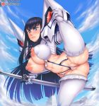  1girl areolae ass black_hair blue_eyes blush boots breasts cameltoe captain_jerkpants cleft_of_venus highres junketsu kill_la_kill kiryuuin_satsuki large_areolae large_breasts lips long_hair looking_at_viewer nipples partially_visible_anus partially_visible_vulva revealing_clothes shiny shiny_hair shiny_skin solo split standing standing_on_one_leg standing_split stomach thick_eyebrows thigh_boots thighhighs thighs white_legwear 