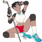  1girl abs bandaid bandaid_on_nose black_eyes black_hair blue_footwear boro breasts closed_mouth dark_skin elbow_pads full_body gloves gym_shorts hair_between_eyes hand_on_own_head highres hockey_stick holding knee_pads looking_at_viewer medium_breasts midriff navel raglan_sleeves red_shorts river_city_girls shirt shoes short_hair short_sleeves shorts simple_background sitting sneakers socks solo tied_shirt white_background work_in_progress yoko_(river_city_girls) 